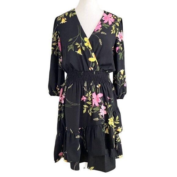 GABBY SKYE BLACK FLORAL SHIRRED SMOCKED WAIST TIERED DRESS - 8 - Picture 3 of 12